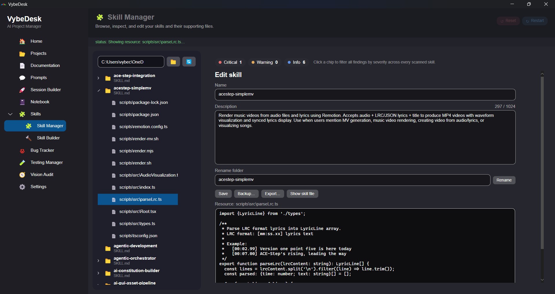 VybeDesk Skill Manager — browse, inspect, and edit your AI skills and their supporting files