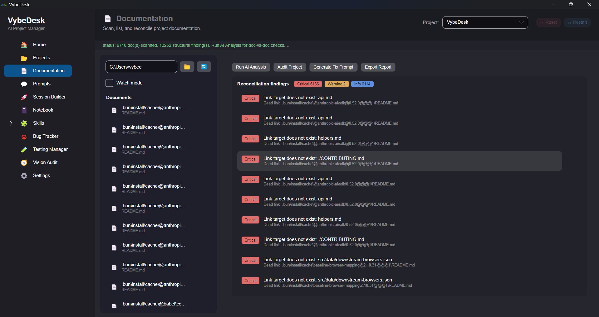 VybeDesk Documentation — scan, list, and reconcile project documentation with AI analysis